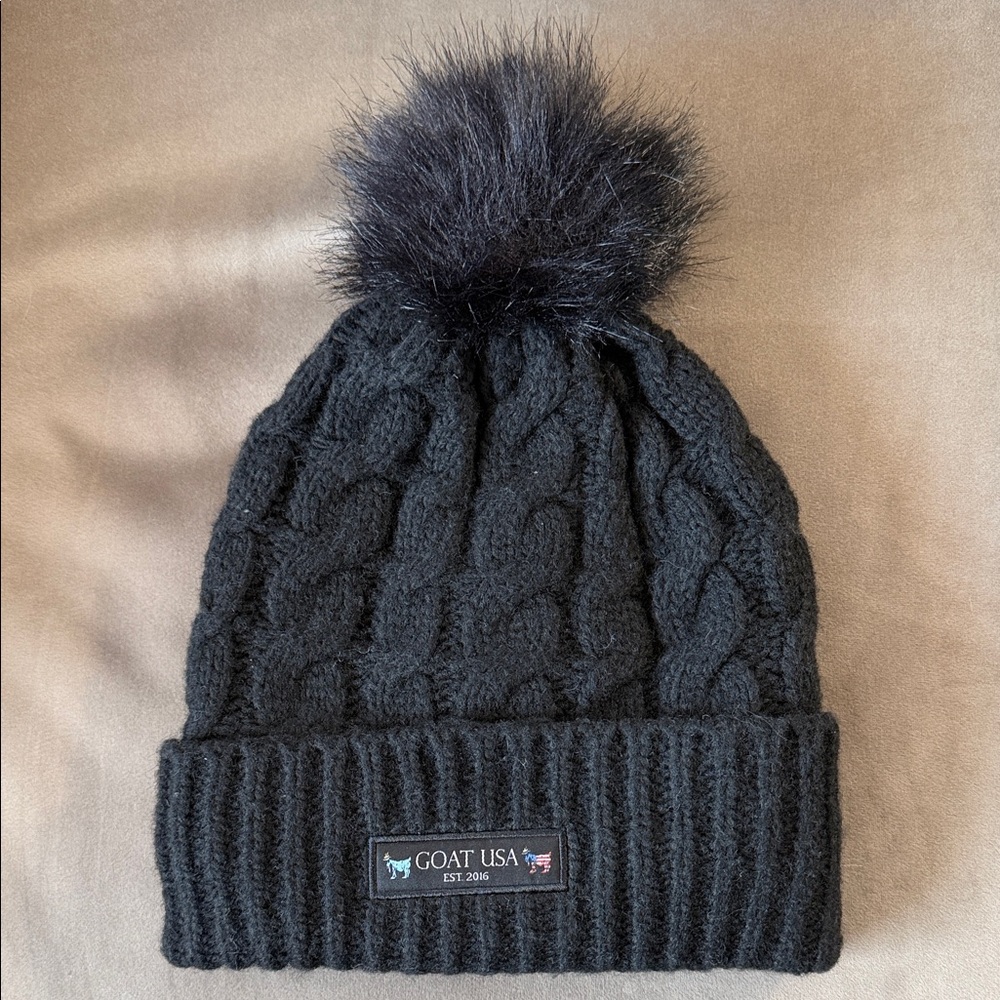GOAT USA Black Cable Knit Beanie with Pom-Pom
